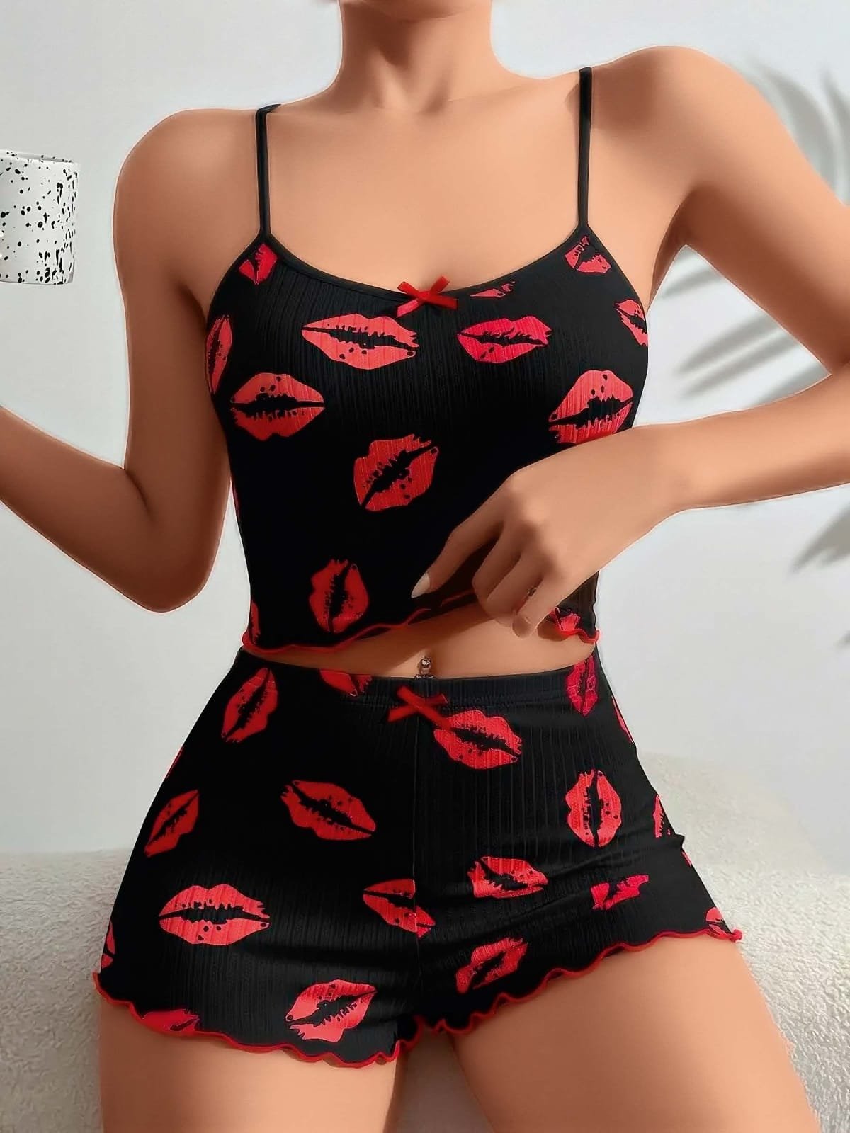 Pambiq Pijama Şortikli Gecə Dəsti