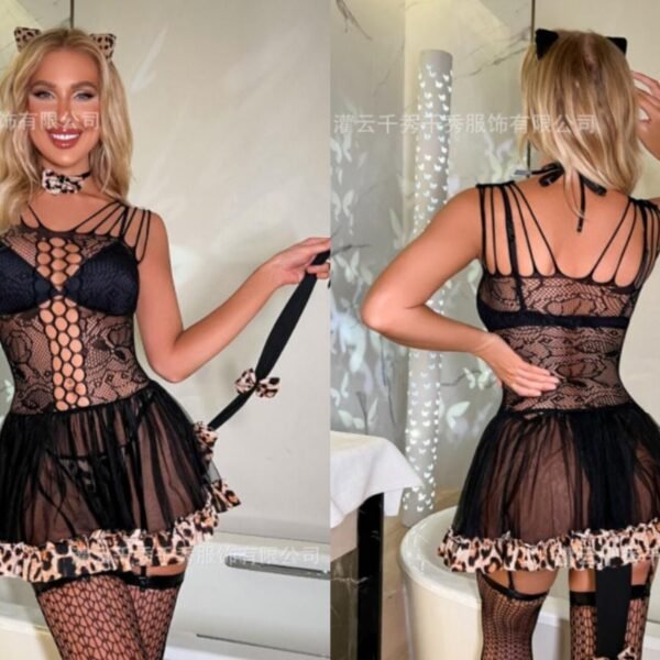 Fantazi leopar detallı pişik kostyumu