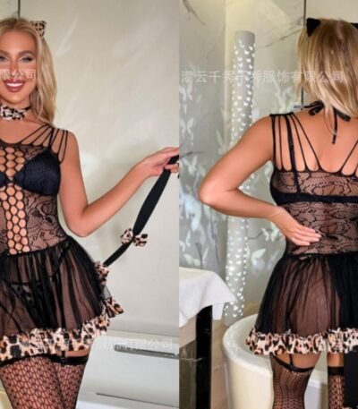 Fantazi leopar detallı pişik kostyumu