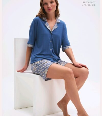 Pijama viskon şortlu mavi