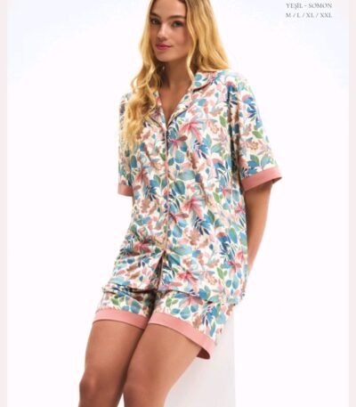 Pijama modal şortlu güllü
