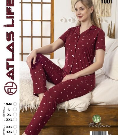 Pijama tünd qırmızı ürəkli